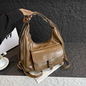 Glossy PU Leather Shoulder Bag Large Capacity Retro Hobo Tote With Contrast Stitching And Front Flap Pocket For Women