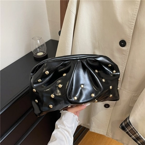 Women Glossy PU Leather Ruched Clutch Bag Gold Studded Rivet Cloud Evening Handbag Fashion Pleated Party Pouch