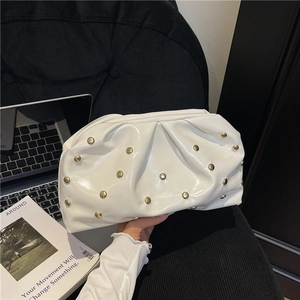 White ruched cloud crossbody bag with gold studs and glossy finish for women