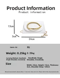 Macro shot of white PU leather clutch with golden circular handle and dimensions info