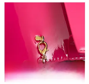 Detail of gold-tone lobster clasp and snake chain on rose pink patent leather bag