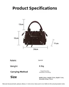 Especificaciones de tamaño detalladas del bolso de gamuza marrón de 24x15x11 cm