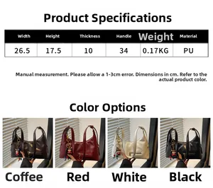 Detailed size specifications and four available colors for this PU leather tote bag