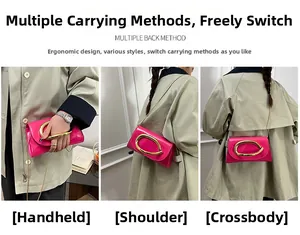 Pink patent leather clutch with a large gold ring handle shown in three different ways