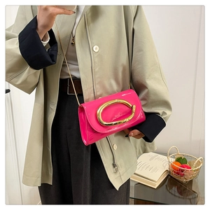 Close-up of fuchsia patent leather crossbody bag with gold buckle and chain strap
