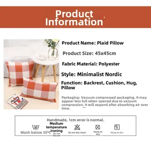 Gros plan de la housse de coussin à carreaux orange et blanc avec détails de matériau
