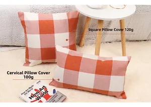 Détail de la housse de coussin orange à carreaux avec tailles carrée 120g et lombaire 100g