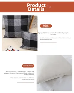 Détails de la housse de coussin en coton et lin à carreaux avec fermeture éclair invisible