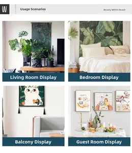 Nordic wall hanging tapestry and framed prints with tassel detail and plant motifs