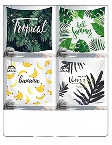Detail showing four tropical plant tapestry patterns on wall for bedroom decor