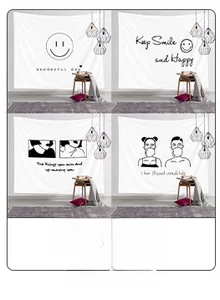 Detail of black and white minimalist wall tapestries with smile and slogan patterns
