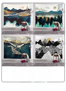 Detail view of four artistic wall tapestries with mountain and whale motifs for home decor