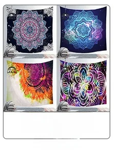 Detail view of four different mandala wall tapestries in various colors for home decor
