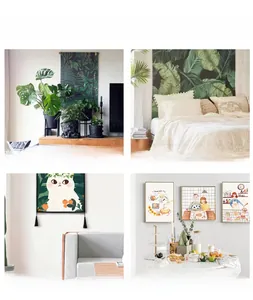 Collage of tropical plant and cat wall tapestries in various home living room settings