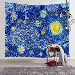 Van Gogh Starry Night tapestry hanging on white brick wall for artistic room decoration