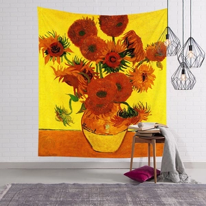 Van Gogh Sunflowers oil painting tapestry for bedroom wall decor on white brick background