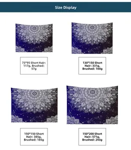 Size chart for Nordic mandala tapestry showing weights for short plush and sanded fabrics
