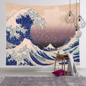 Nordic rectangular tapestry with Great Wave off Kanagawa design for home decor