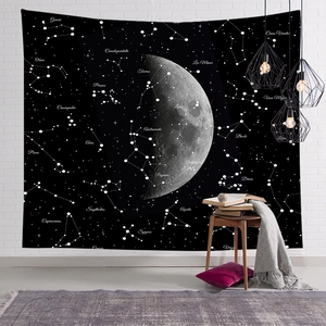 Nordic wall tapestry with moon phase and constellations in a cozy bedroom setting