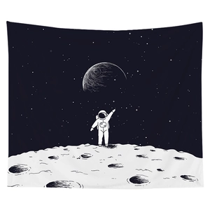 Minimalist black and white astronaut tapestry on moon for modern bedroom wall decor