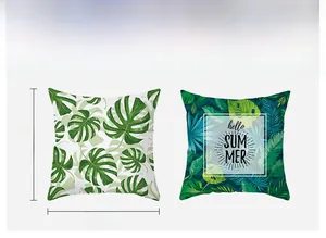 Macro view of Nordic green leaf pillowcase with tropical print and hello SUMMER text