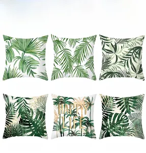 Detailed grid showing six Nordic tropical green leaf patterns on peach skin pillow covers