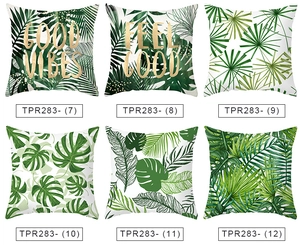 Detail of six Nordic green tropical plant leaf prints on peach skin velvet cushion covers