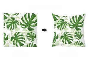Detail showing tropical Monstera leaf print conversion from flat design to pillowcase