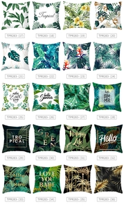 Grid display of 20 tropical green leaf pillow covers featuring palm and monstera patterns