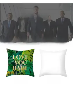 Detail view of tropical monstera leaf pillowcase with golden Love You Babe gold print