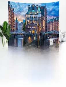 Detail of Nordic street landscape tapestry showing European architecture at sunset