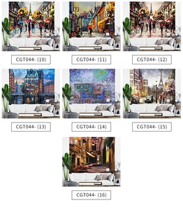 Detail showing various Nordic European street scenery tapestry patterns for wall decor