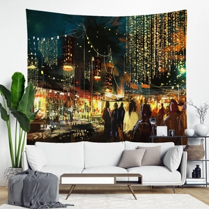 Nordic street scenery tapestry with impressionist night market oil painting for wall decor