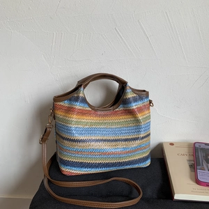 Retro Bunte Gewebte Eimertasche Stroh Streifen Tragetasche Braun PU Griff Schulter Umhängetasche Für Urlaub Strand Damen