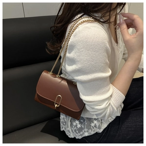 Close-up of brown matte leather bag with gold chain strap and oval metal buckle