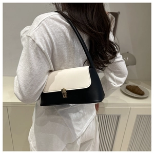 Détail d'un sac à bandoulière bicolore noir et blanc avec une boucle carrée en métal doré