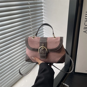 Vintage Suede Patchwork Crossbody Bag For Women French Style Contrast Stitching Handbag With Gold Buckle Shoulder Bag