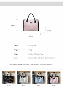 Detailed size specifications for large canvas tote bag showing dimensions 40x30x13cm