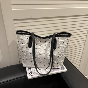 Sac Cabas Plissé à Grande Capacité pour Femmes Imprimé Nœud Texture Bulle Sac à Épaule Mode Coréenne