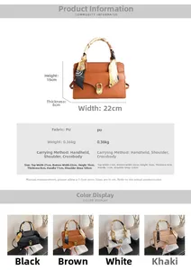 Detailed view of women's vintage square handbag with silk scarf handle and size chart