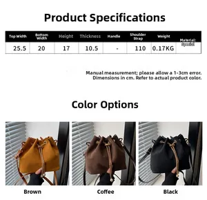 Size chart showing bucket bag dimensions in brown, coffee and black colors