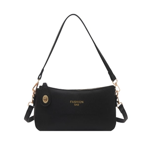 Minimalist black lychee leather underarm bag with gold twist lock and dual straps