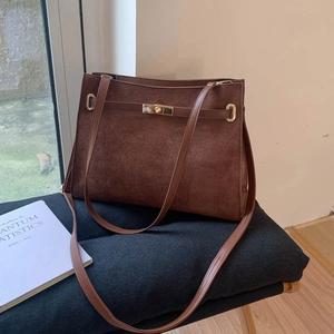 Sac Fourre-Tout Rétro Aspect Daim PU pour Femme Sac à Bandoulière Minimaliste Grande Capacité Fermoir Tourniquet Or Quotidien