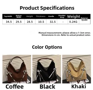 Size specifications and coffee color tote bag with decorative side ribbon details