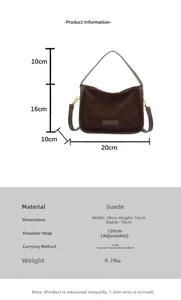 Detailed size chart of the dark brown suede tote bag with dimension measurements
