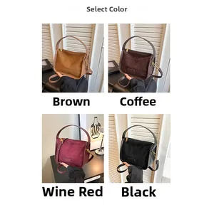 Detail view of four colors: Brown, Coffee, Wine Red, Black matte suede tote bags