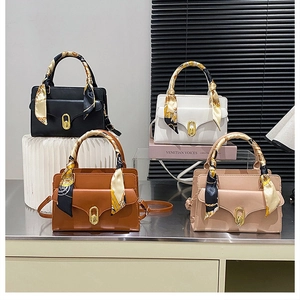Chic handbags in four colors with silk scarf handles and gold metal magnetic clasps