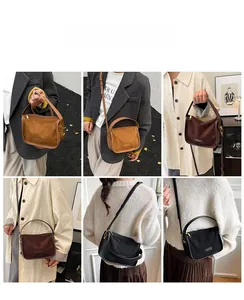 Three colors of matte suede tote bags shown in handheld, shoulder, and crossbody styles