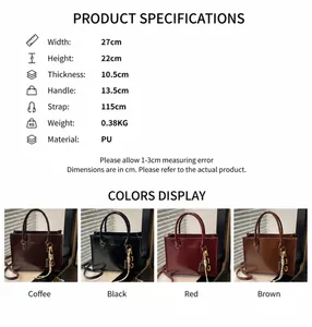 Size chart showing 27cm width and 10.5cm depth for this PU leather tote bag details
