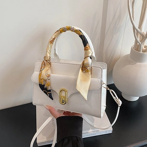 Retro white square handbag with silk scarf handle and gold metal twist lock
